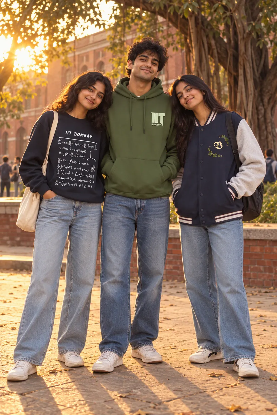Three students under a banyan tree at golden hour in the Lecture sweatshirt, a green hoodie and a navy varsity jacket