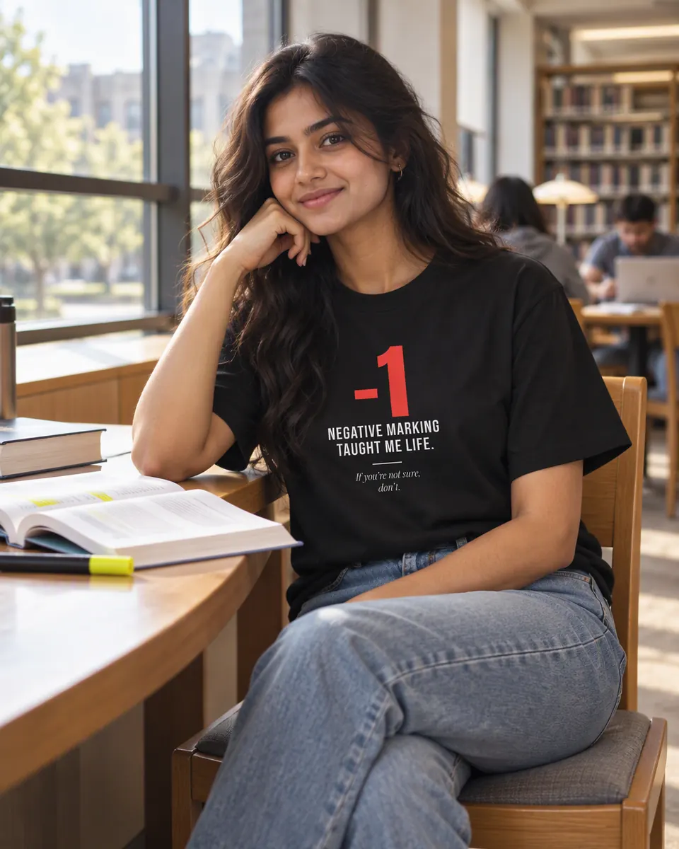 Woman at a library window in the Negative Marking Taught Me Life tee