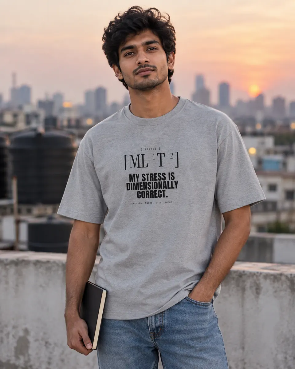 Man on a rooftop at sunset in the My Stress Has Dimensions tee