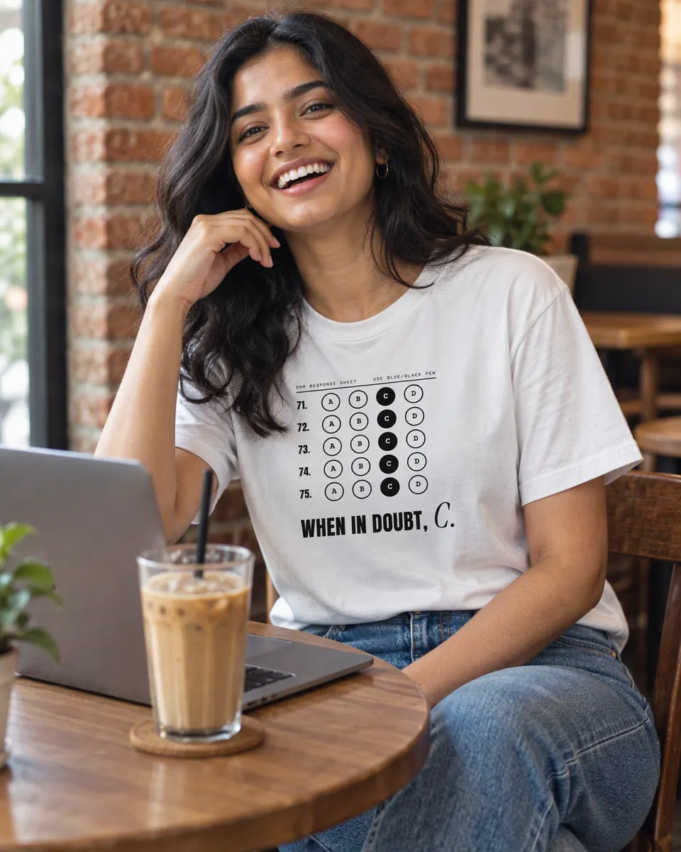 Woman laughing in a cafe in the When in Doubt, C tee