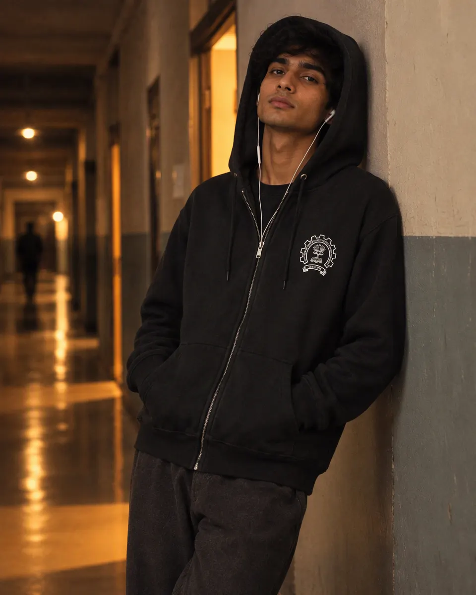 Paper Plane Zip Hoodie, worn on campus