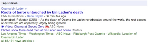 Google News Top Stories in May 2011 showing the bin Laden coverage cluster and a count of 83,161 news articles