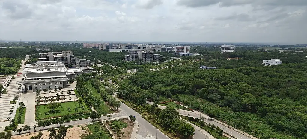 Aerial view of the IIT Hyderabad campus at Kandi with academic blocks and green belts