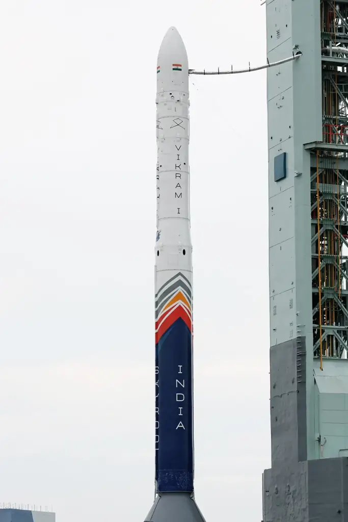 Skyroot Aerospace's Vikram-I rocket on the launch pad at Satish Dhawan Space Centre, Sriharikota